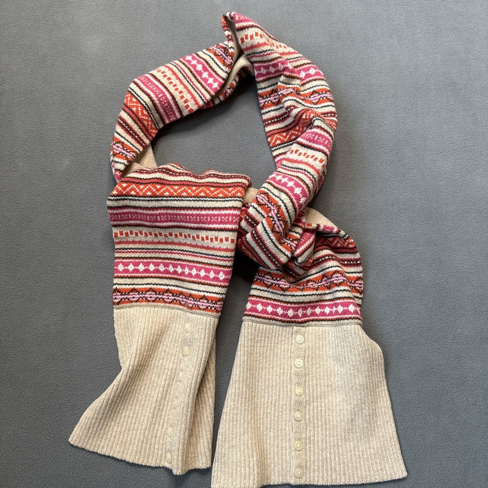 Lands End Scarf Womens Beige Multi Fair Isle Buttons Double Sided 72" x 9" Warm